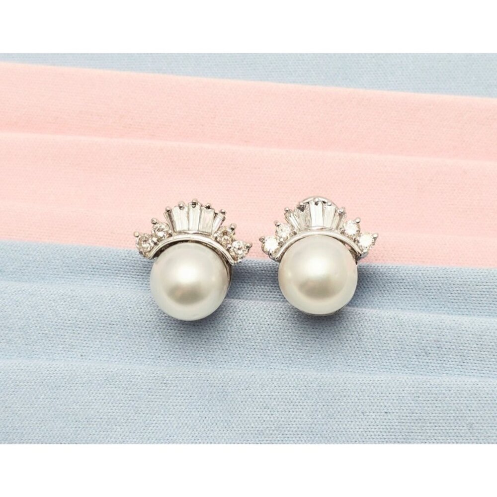 Unique 18K White Gold Pearl, Baguette & Round Cut Diamond French Clip Earrings